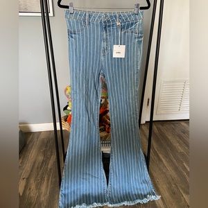 High Rise Stripe Frayed Hem Flare Jean